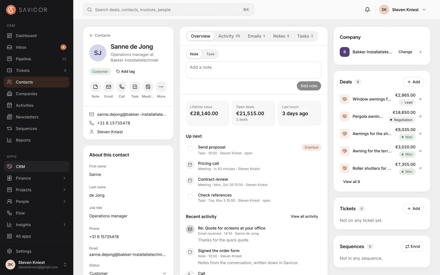 A contact page with the person's details, their company, open deals and the activity timeline.